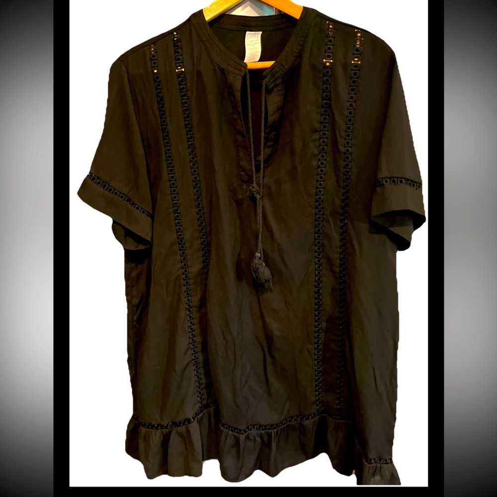 Time And Tru BLACK DRESS Cover Up Ruffle Hem Cut Outs V Neck Tie Tassel 1X 16-18